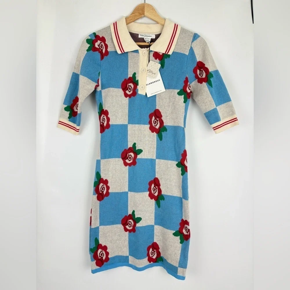 NWT Glamorous For Free People Checkerboard Roses Collared Knit Mini Dress